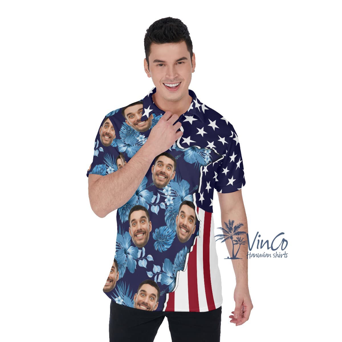 Custom Face American Flag Hibiscus Men's Polo Shirt (3)