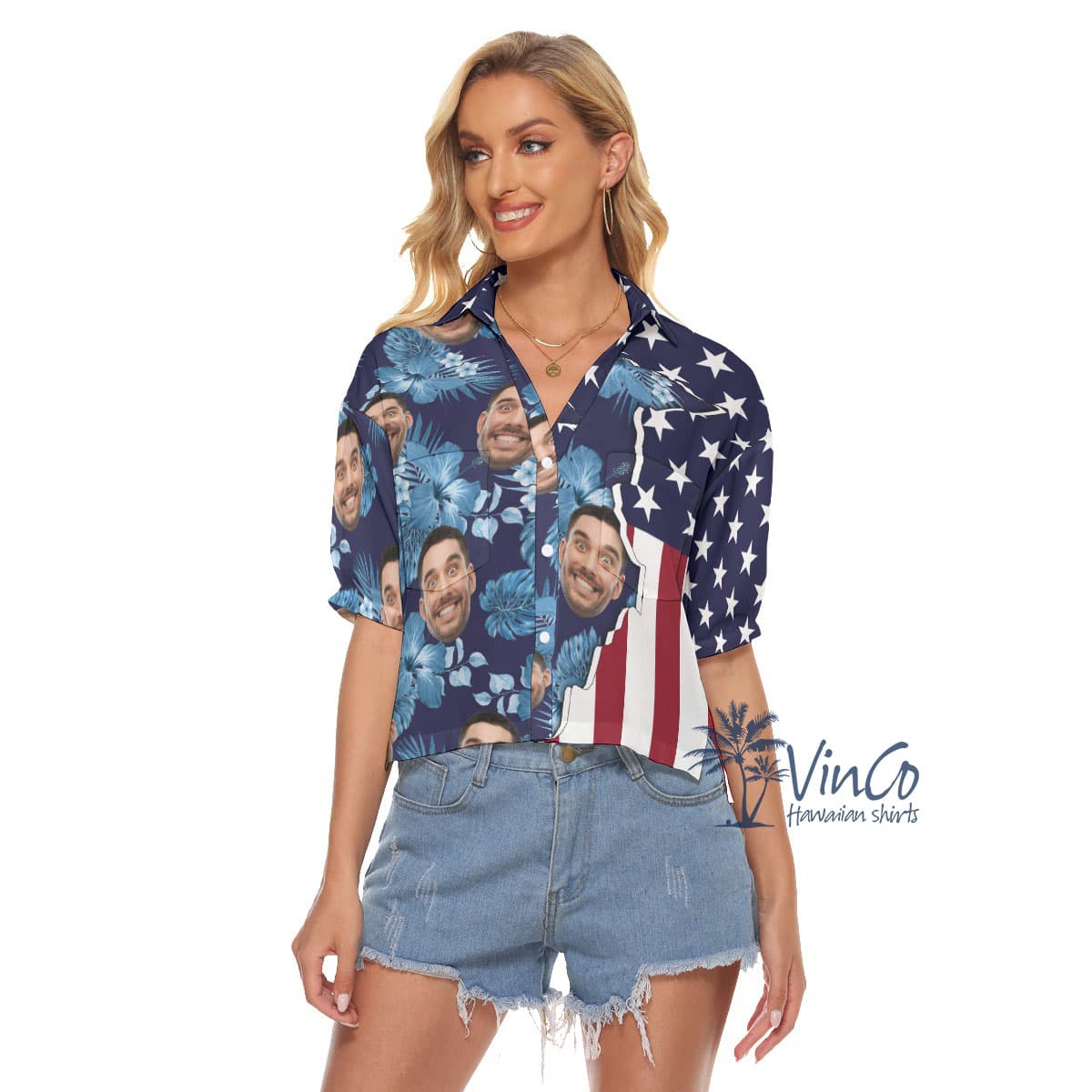 Custom Face American Flag Women's Hawaiian Crop Top (4)