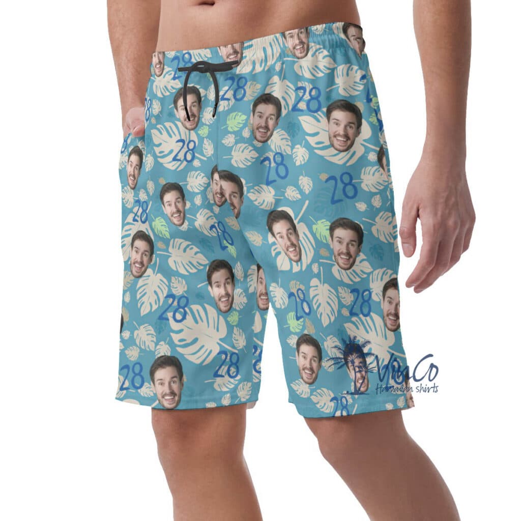 Custom Face And Age Birthday Blue Hawaiian Summer Shorts For Men