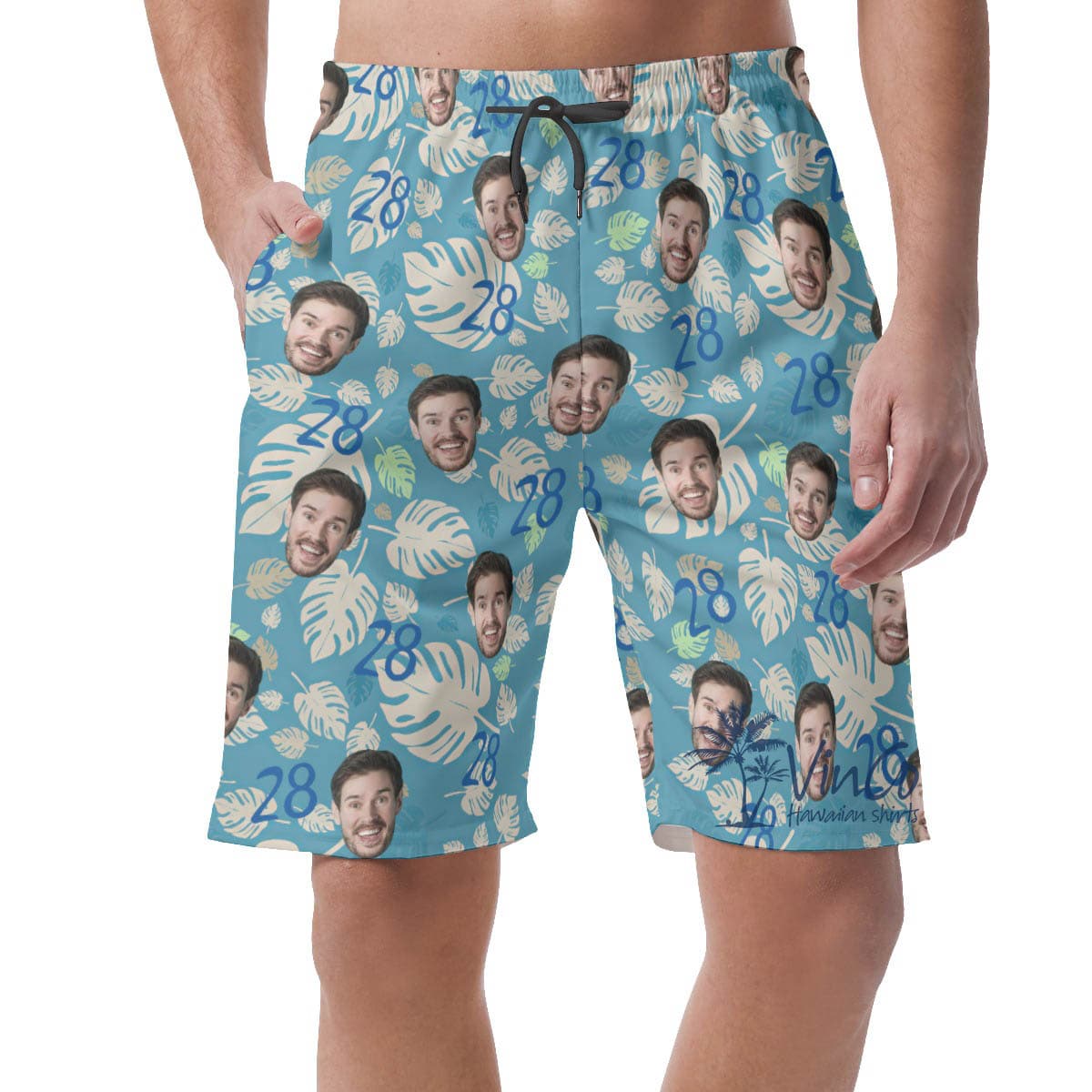 Custom Face And Age Birthday Blue Hawaiian Summer Shorts For Men