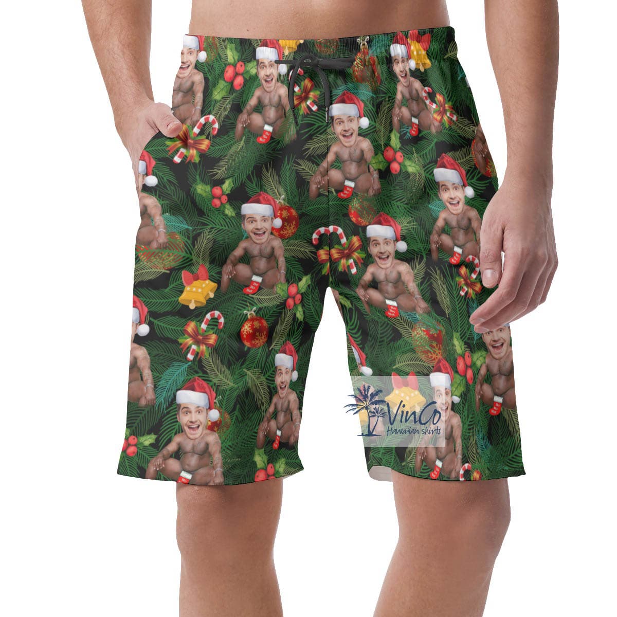 Custom Face Barry Wood Christmas Hawaiian Beach Shorts For Men