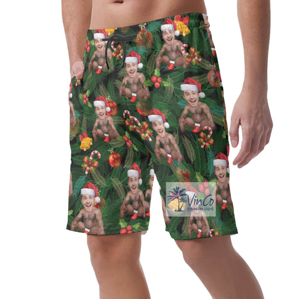 Custom Face Barry Wood Christmas Hawaiian Beach Shorts For Men