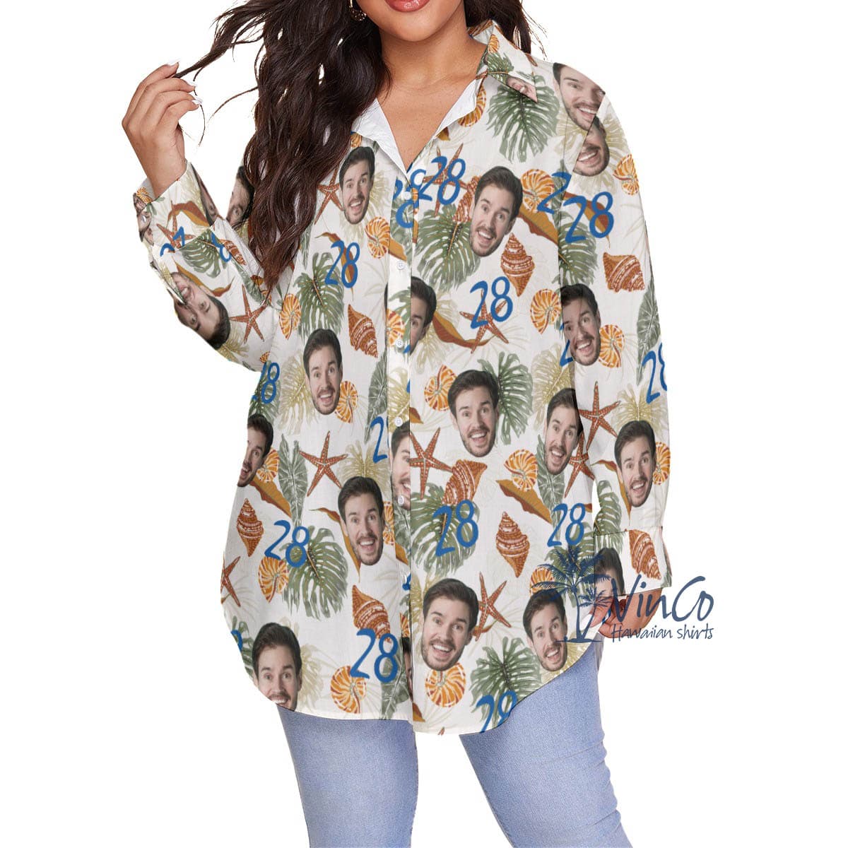 Custom Face Birthday Tropical Seashell Hawaiian Oversized Shirt For Women