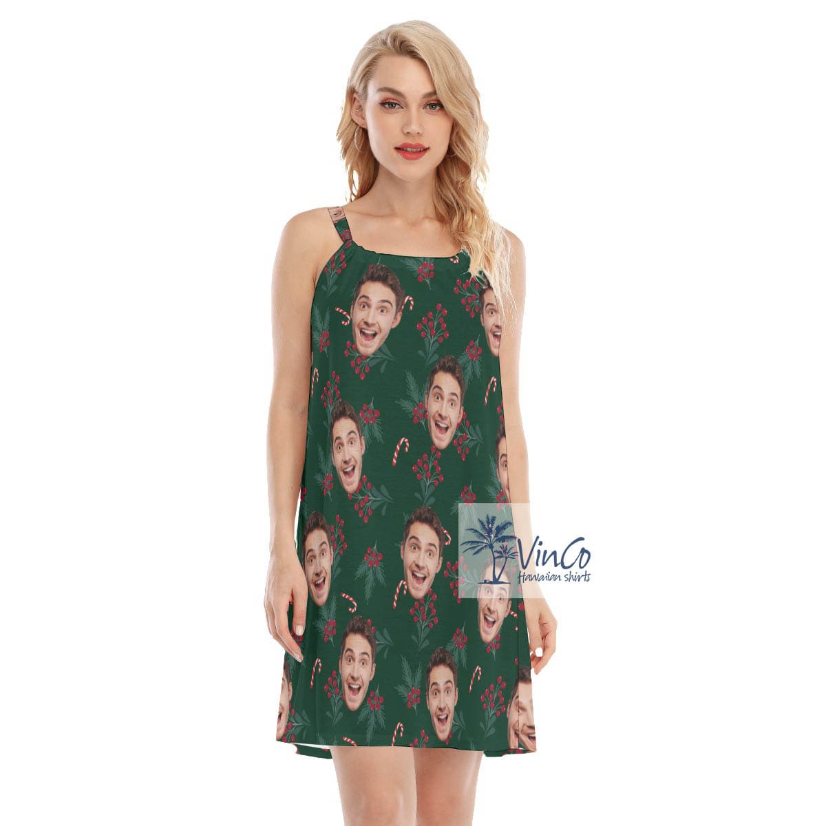 Custom Face Christmas Berries Hawaiian Cami Dress For Women (4)