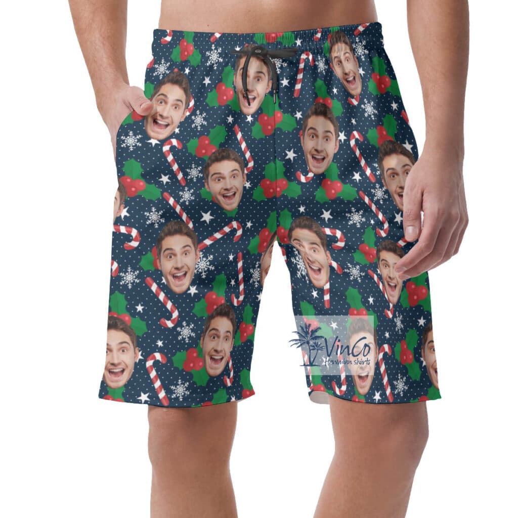 Custom Face Christmas Candy Cane Hawaiian Beach Shorts For Men