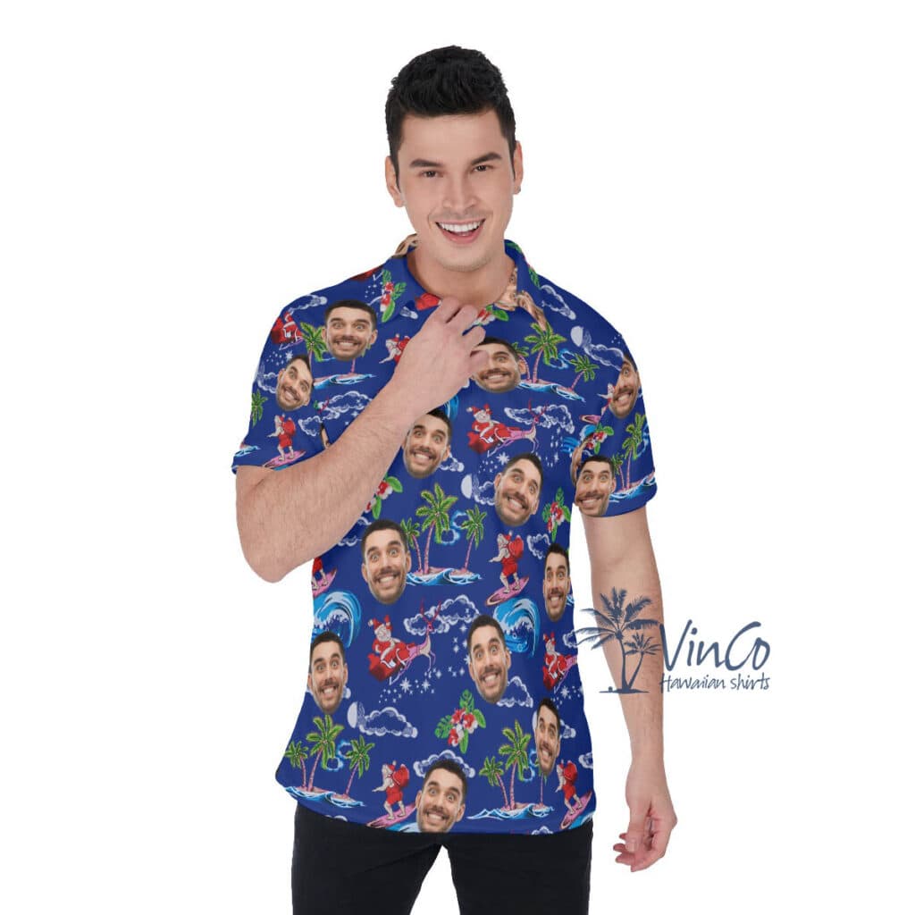 Custom Face Christmas Santa Hawaiian Polo Shirt For Men