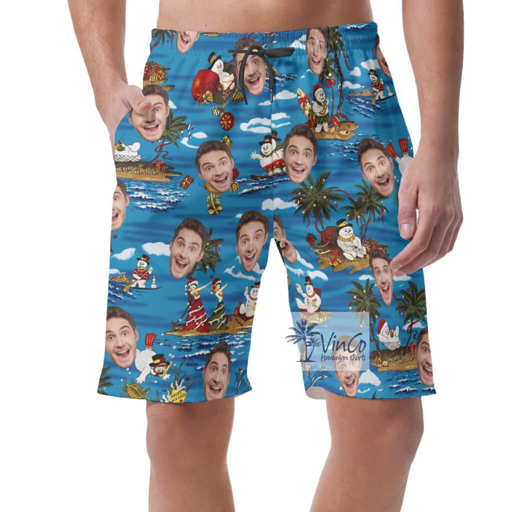 Custom Face Christmas Snowman Hawaiian Beach Shorts For Men