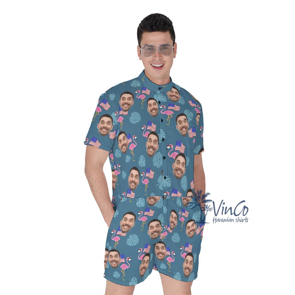 Custom Face Flamingo American Flag Men’s Romper (1)