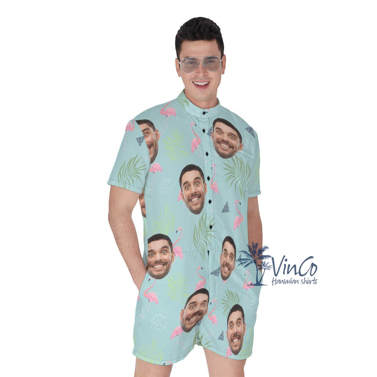Custom Face Flamingo Hawaiian Romper For Men (1)