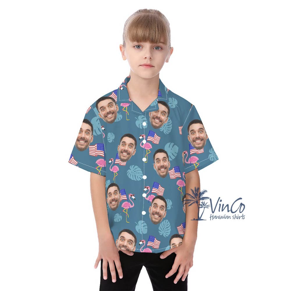 Custom Face Flamingo Independence Day Aloha Shirt For Kids (1)