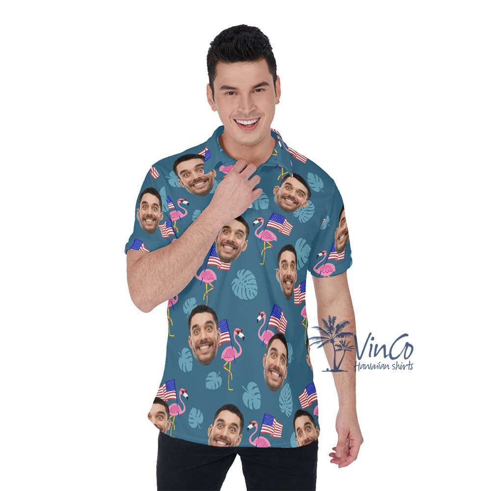 Custom Face Flamingo Independence Hawaiian Polo Shirt (1)