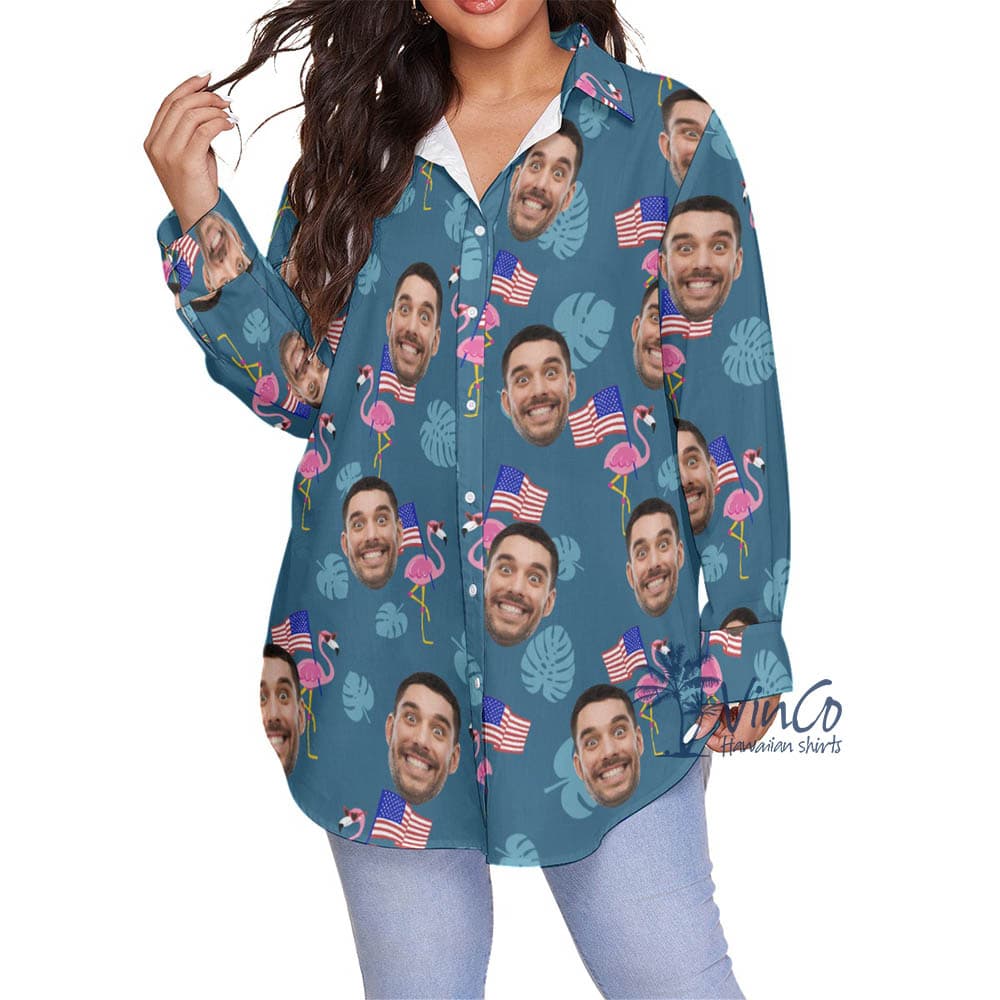 Custom Face Flamingo Independence Plus Size Hawaiian Shirt For Women (1)