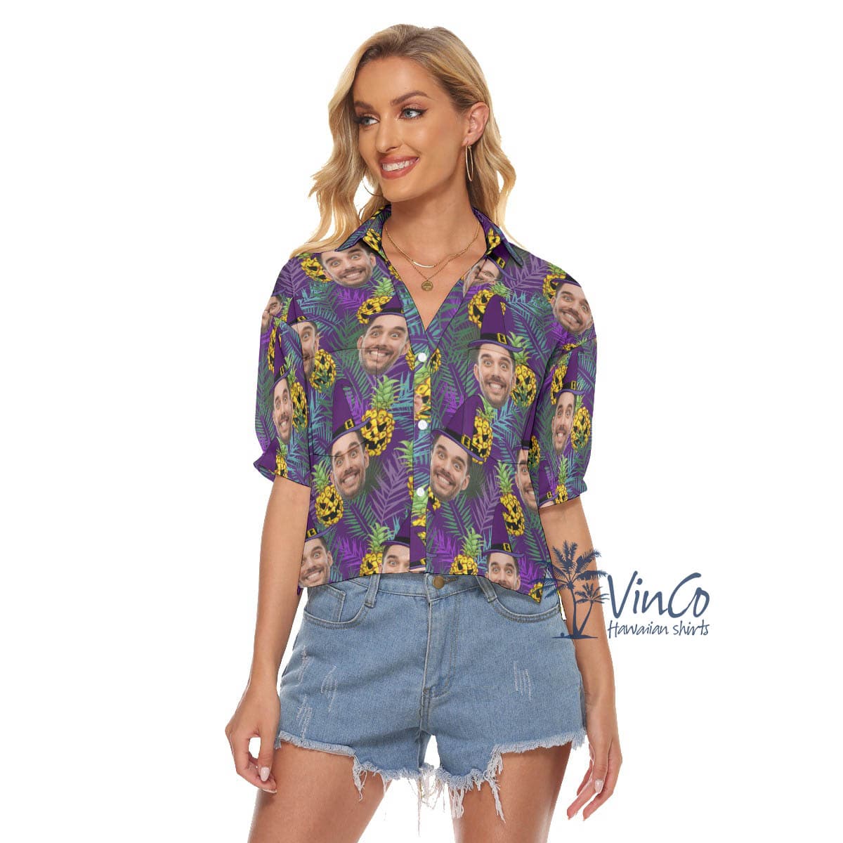 Custom Face Halloween Hawaiian Cropped Shirt For Women (2)