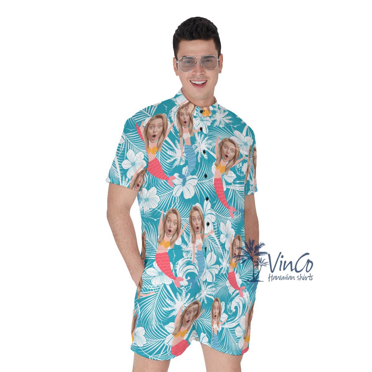 Custom Face Mermaid Floral Blue Hawaiian Romper For Men (1)