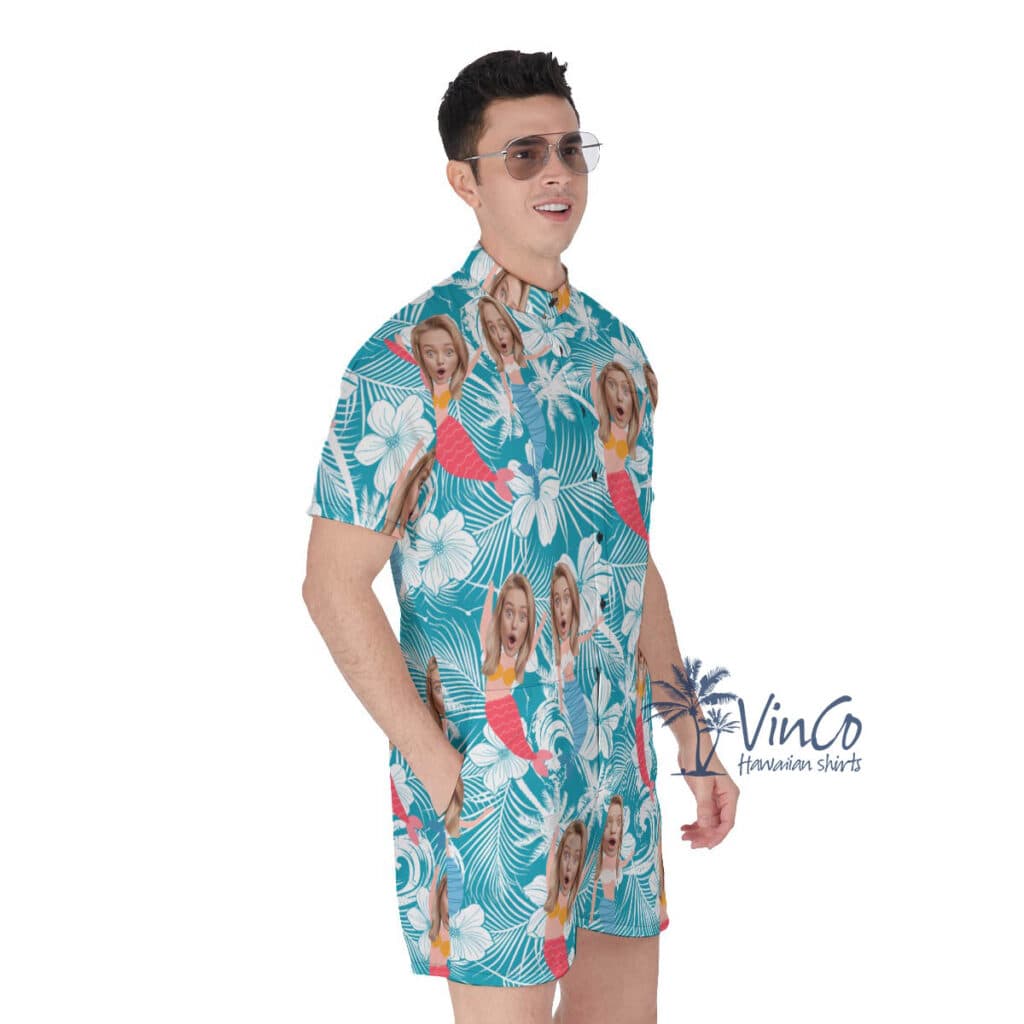 Custom Face Mermaid Floral Blue Hawaiian Romper For Men