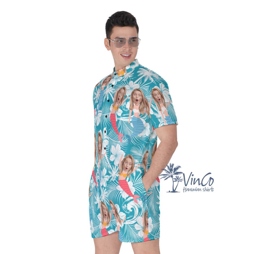 Custom Face Mermaid Floral Blue Hawaiian Romper For Men