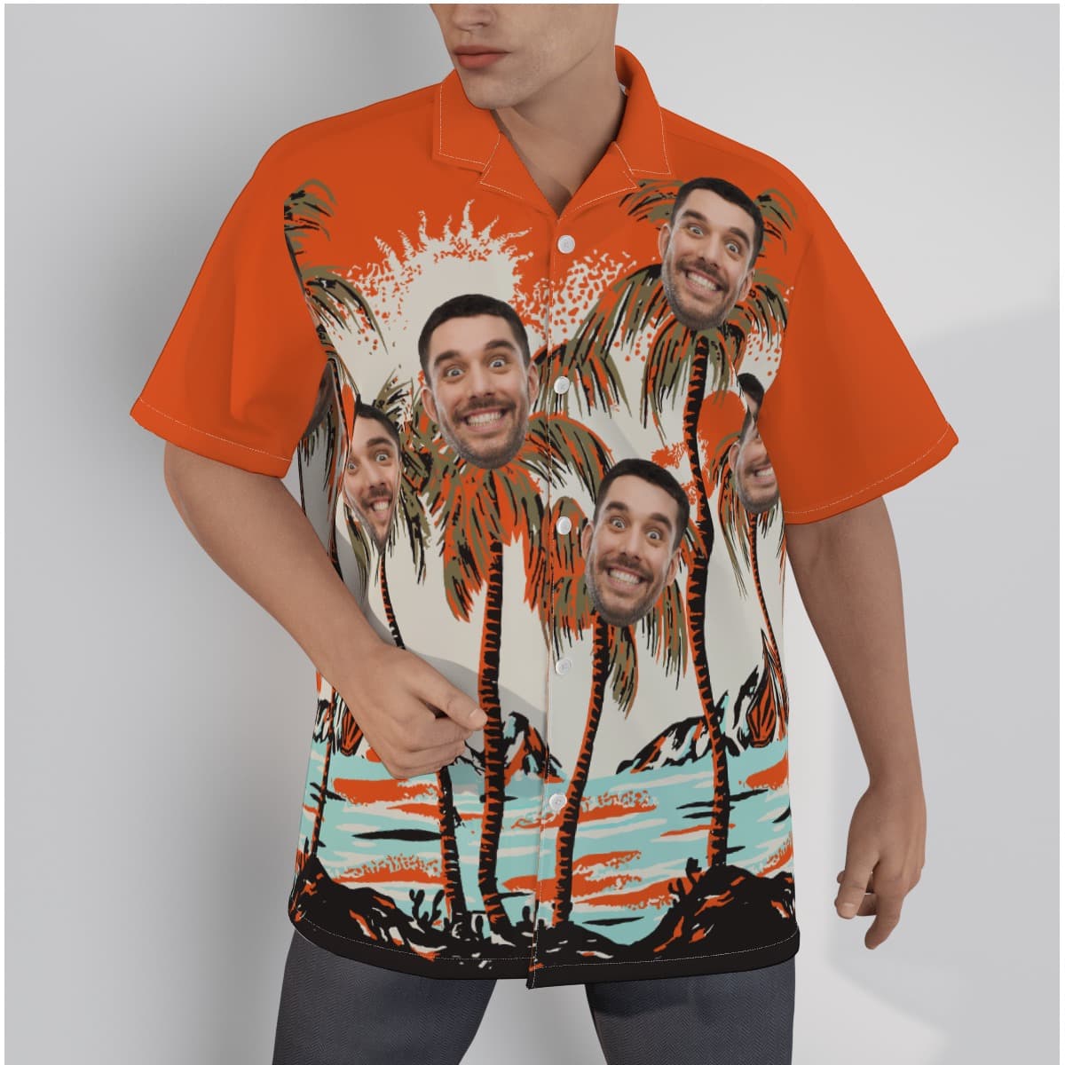 Custom Face Palm Trees Orange Aloha Shirt For Men (1)