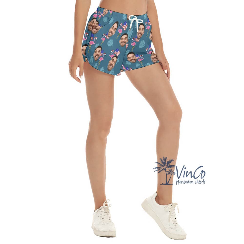Custom Face Patriotic Flamingo Beach Shorts For Women (2)