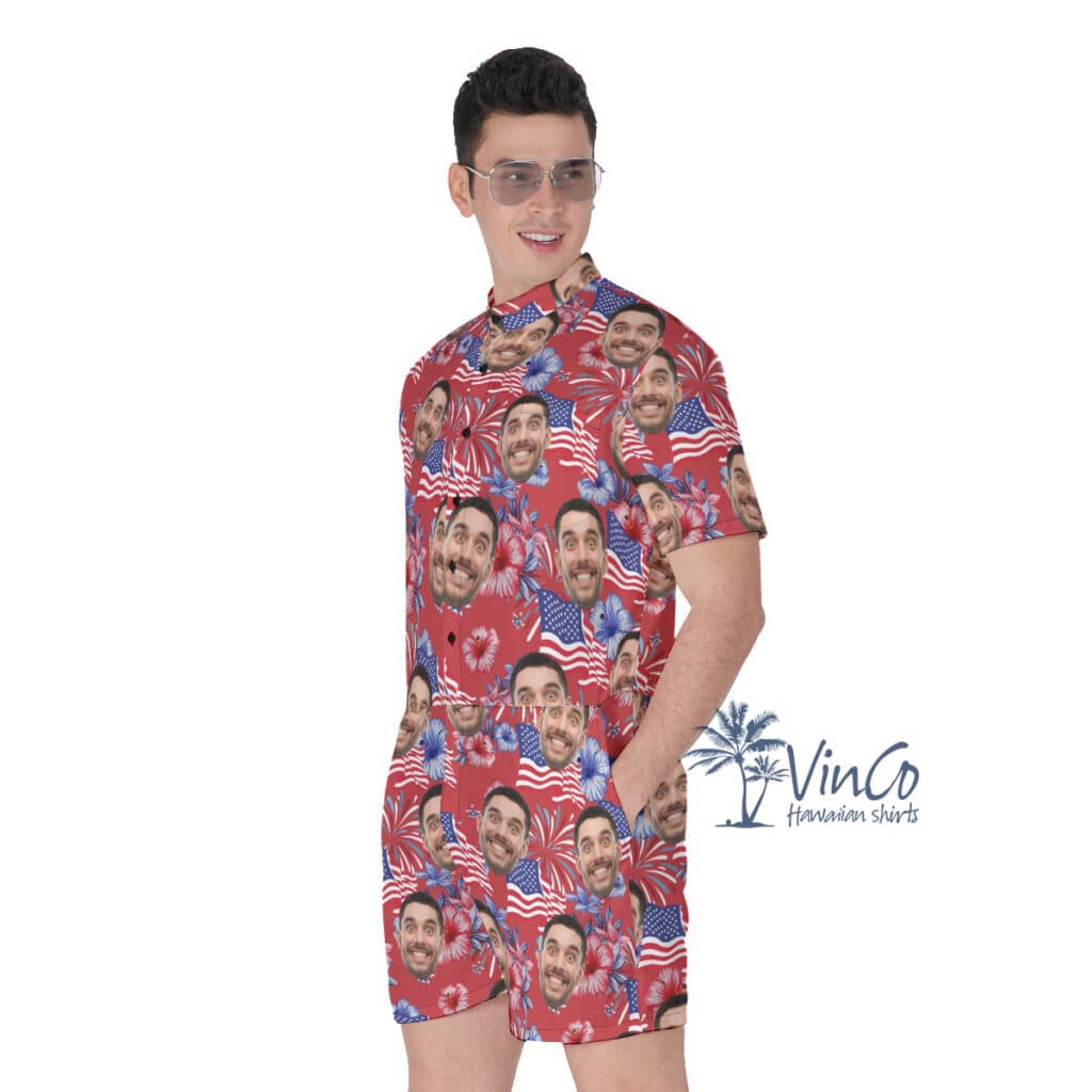 Custom Face Patriotic Hibiscus Hawaiian Romper For Men