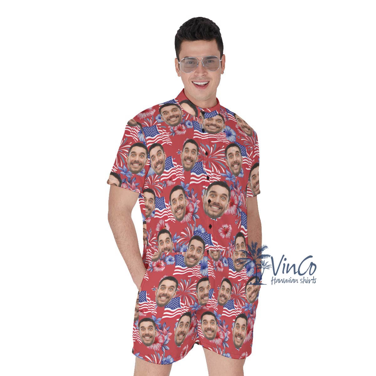 Custom Face Patriotic Hibiscus Hawaiian Romper For Men