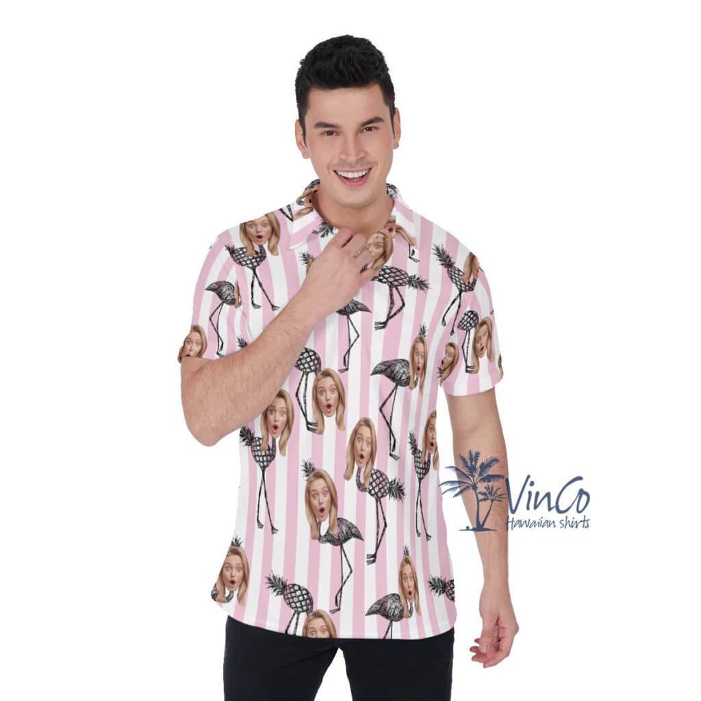 Custom Face Pineapple Flamingo Pink Hawaiian Polo Shirt