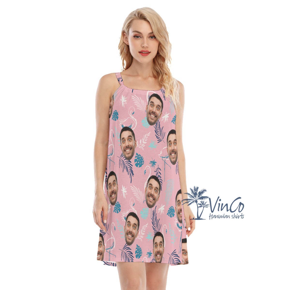 Custom Face Pink Flamingo Aloha Dress For Vacation (4)