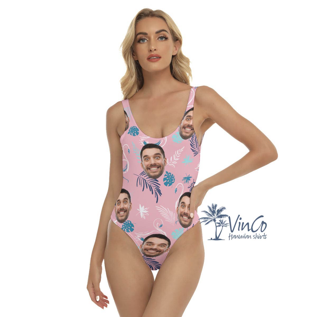 Custom Face Pink Flamingo Hawaiian Swimsuits For Women (2)