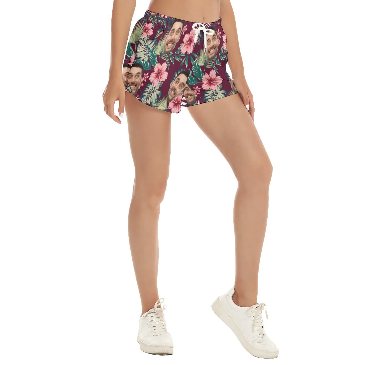Custom Face Red Hawaiian Beach Shorts For Women (2)