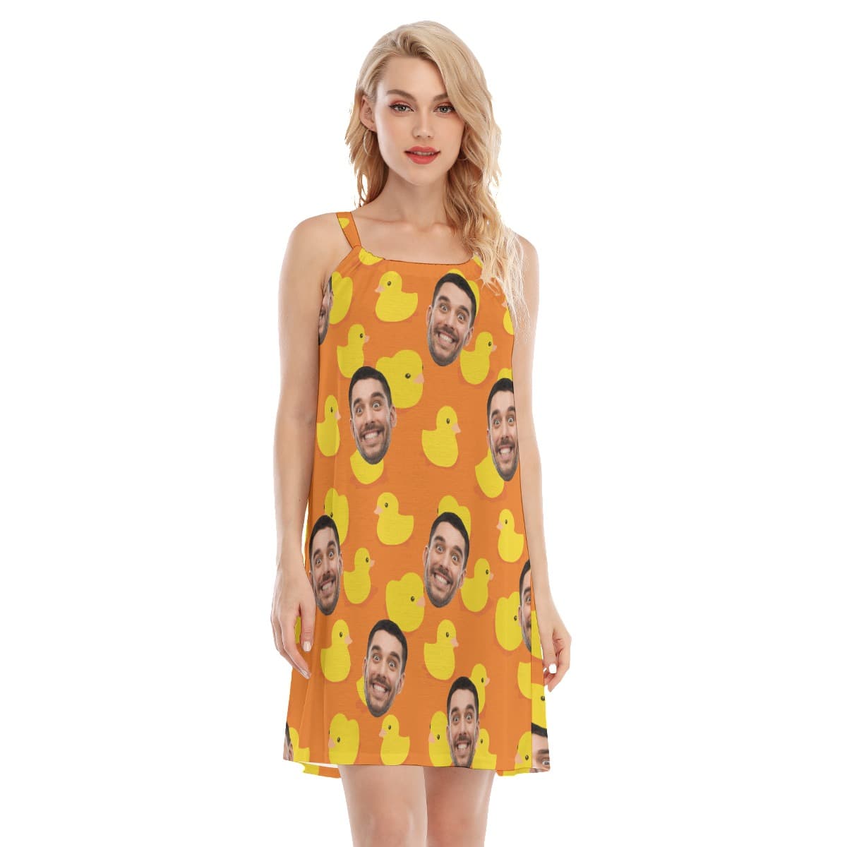 Custom Face Rubber Duck Orange Hawaiian Cami Dress For Women (4)