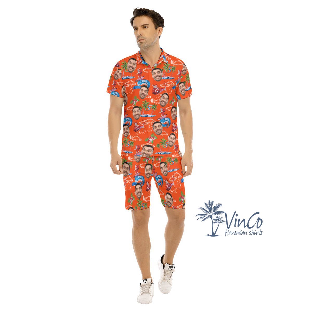 Custom Face Santa Surfing Hawaiian Christmas Shirt And Matching Shorts For Men (1)