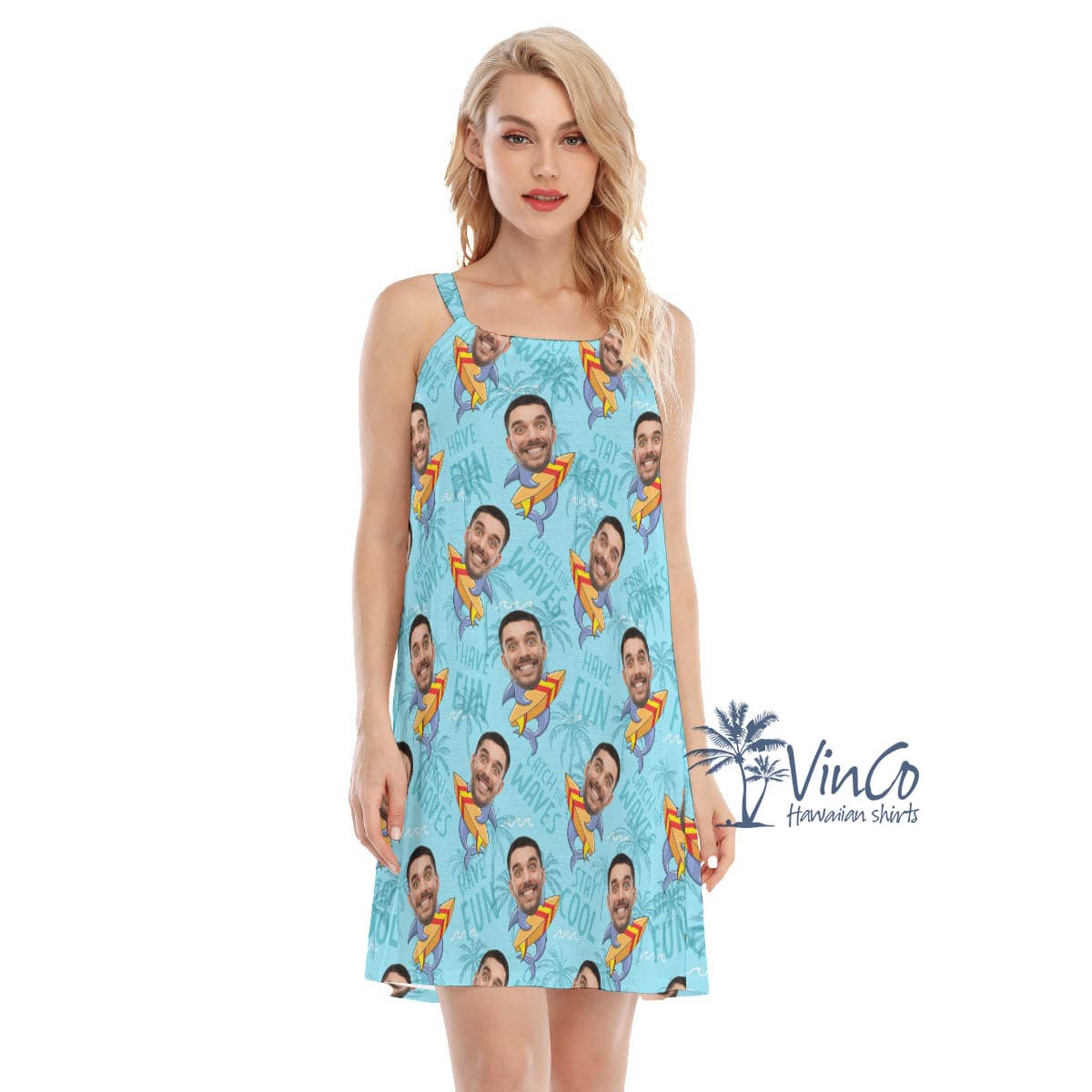 Custom Face Shark Surfing Hawaiian Cami Dress
