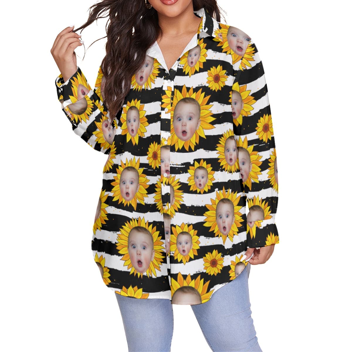 Custom Face Sunflowers Hawaiian Plus Size Shirt For Women