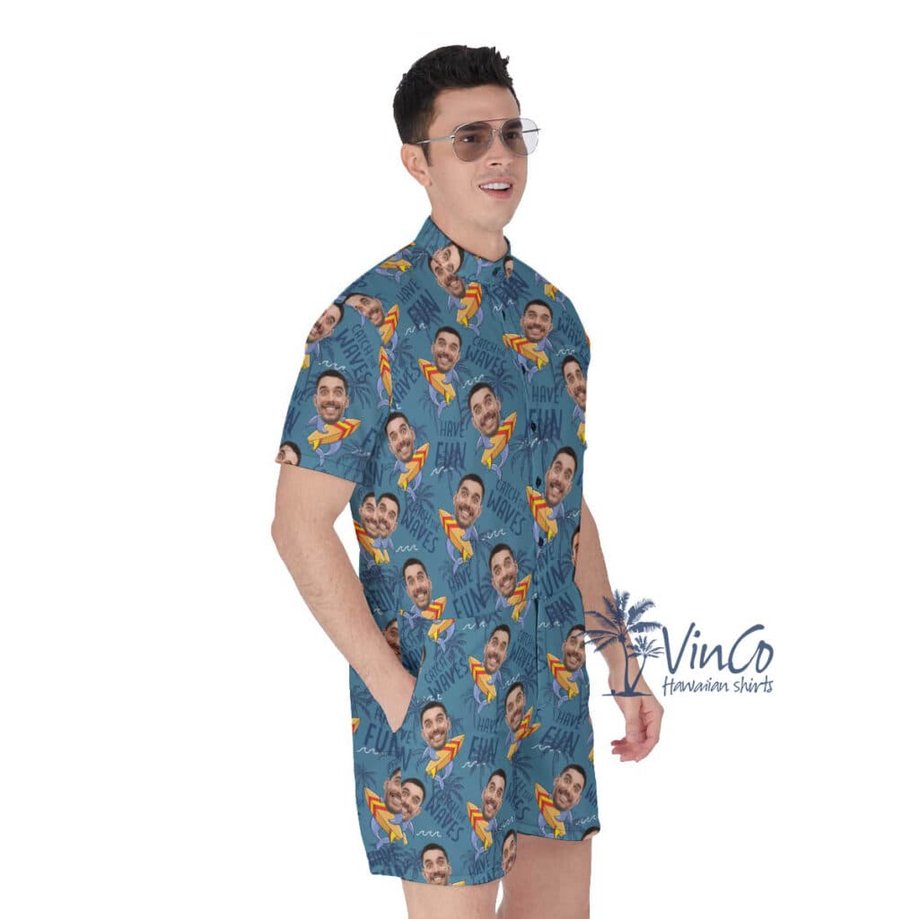 Custom Face Surfing Shark Navy Hawaiian Romper For Men