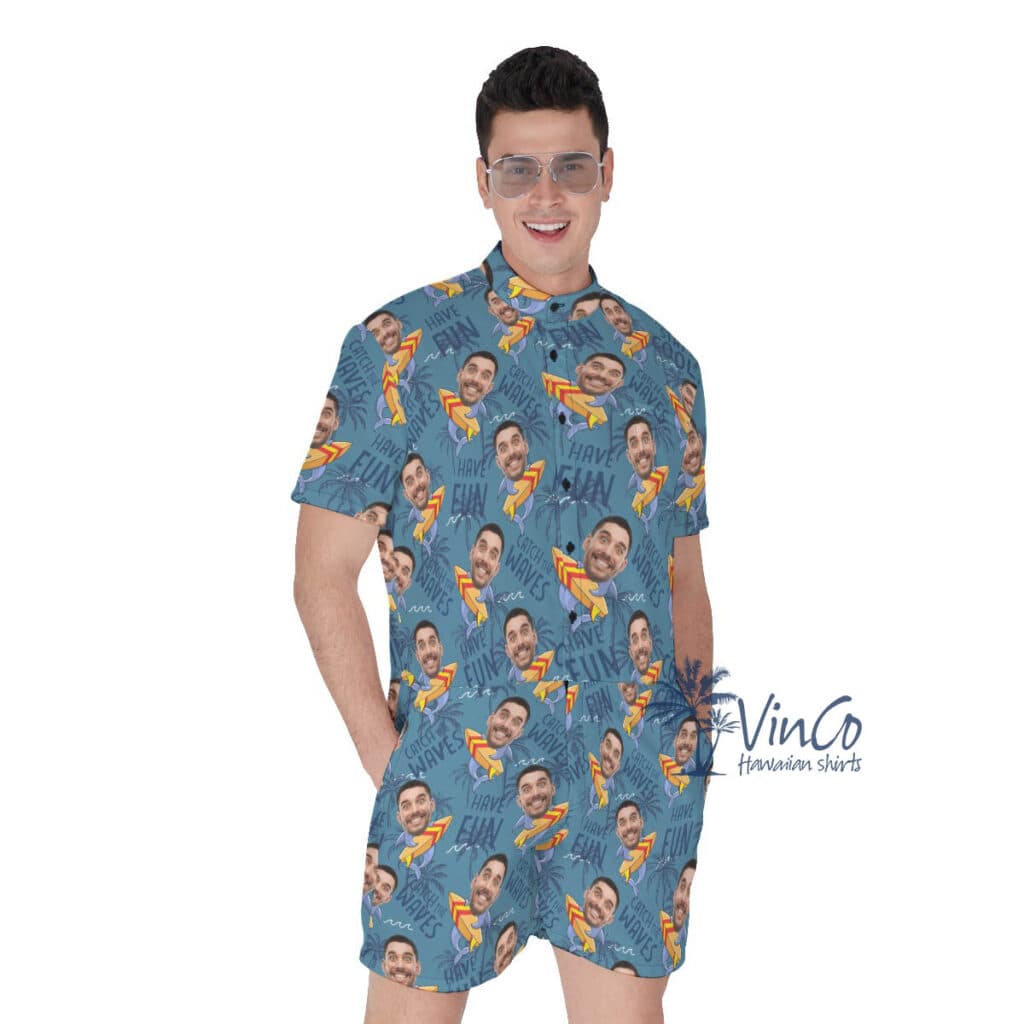 Custom Face Surfing Shark Navy Hawaiian Romper For Men