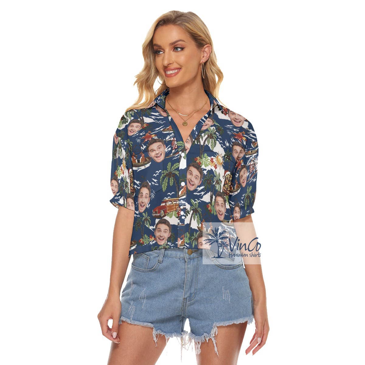 Custom Face Tropical Reindeer Christmas Aloha Cropped Shirt (4)