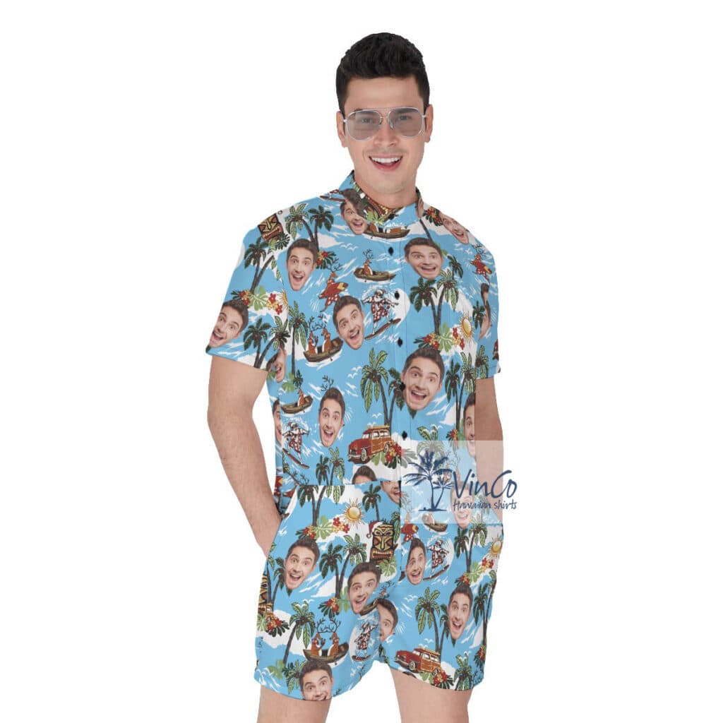 Custom Face Tropical Reindeer Christmas Hawaiian Romper For Men