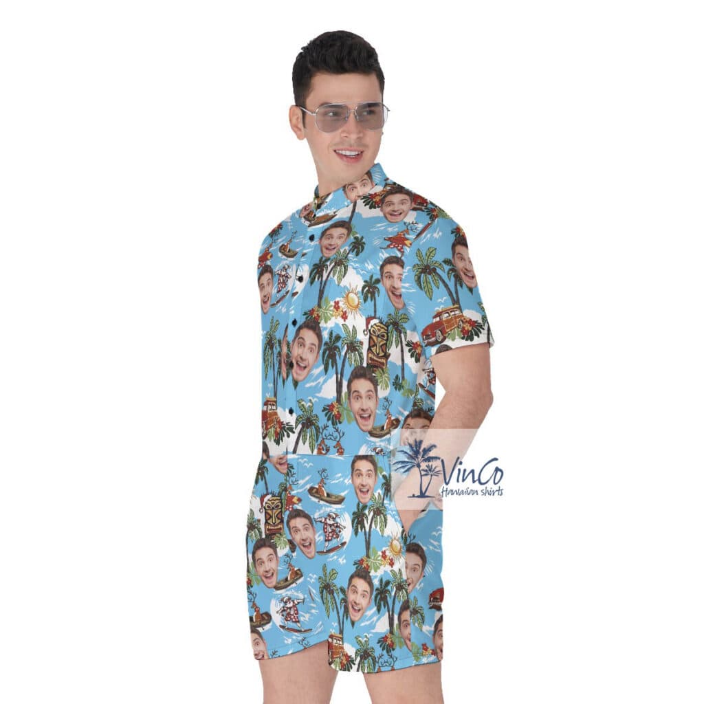Custom Face Tropical Reindeer Christmas Hawaiian Romper For Men