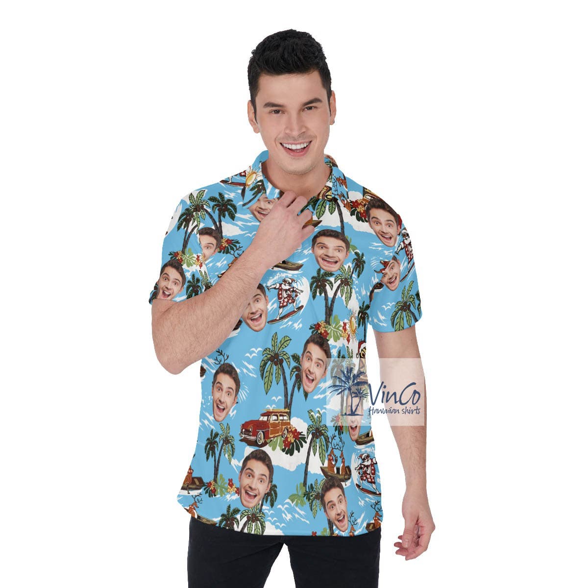 Custom Face Tropical Reindeer Surfing Hawaiian Polo Shirt For Men