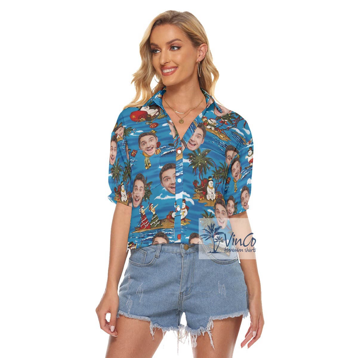 Custom Face Tropical Snowman Christmas Aloha Crop Top Shirt For Women