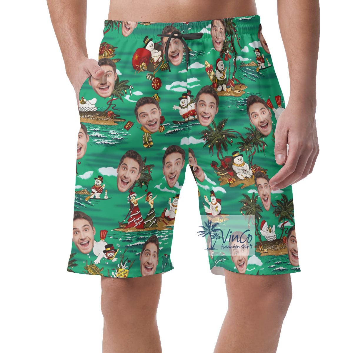 Custom Face Tropical Snowman Christmas Hawaiian Beach Shorts For Men