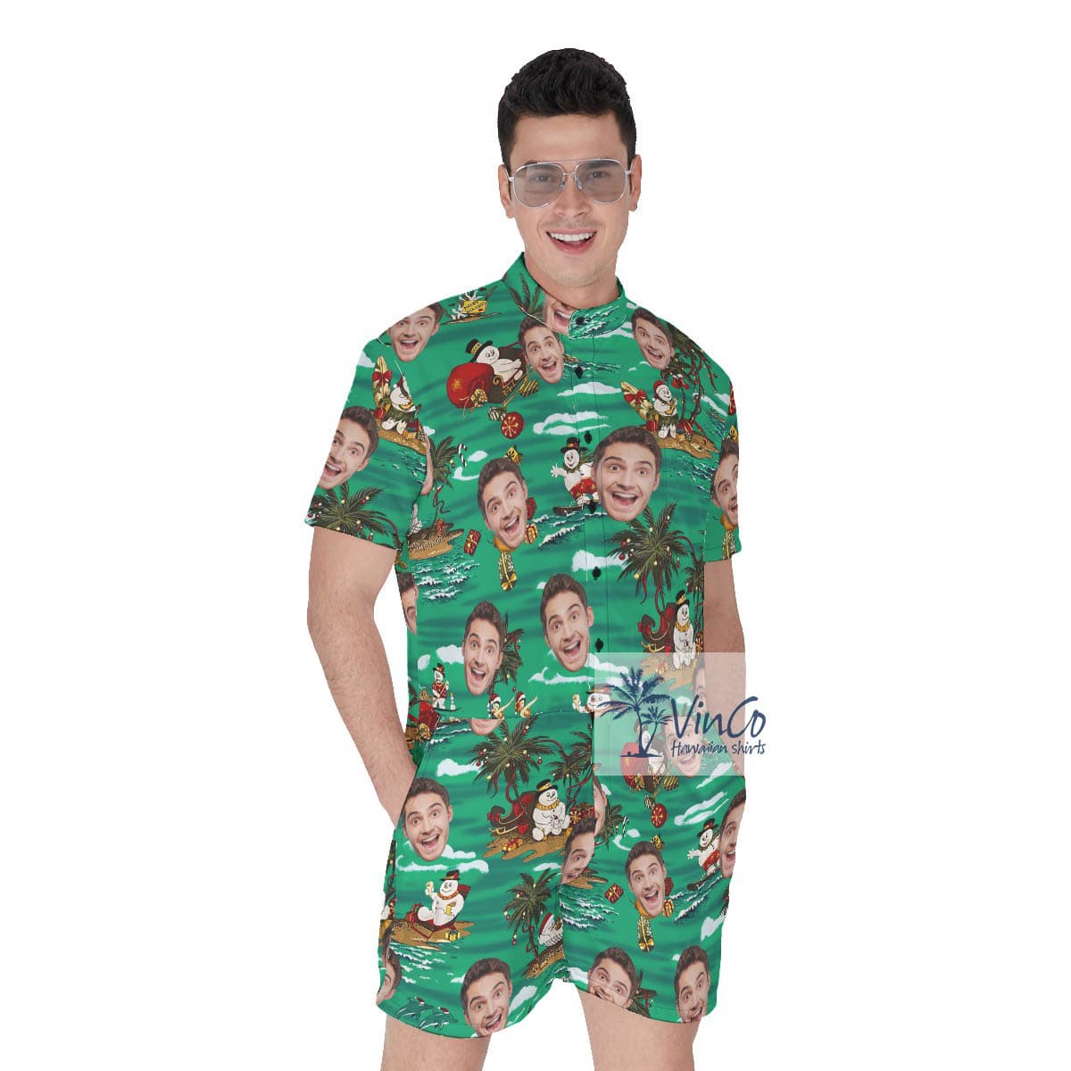 Custom Face Tropical Snowman Christmas Men's Hawaiian Romper