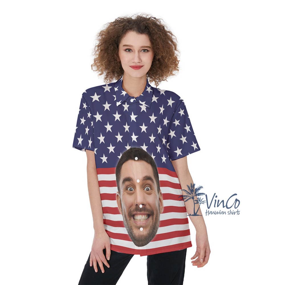 Custom Face USA Flag Hawaiian Shirt For Women (1)