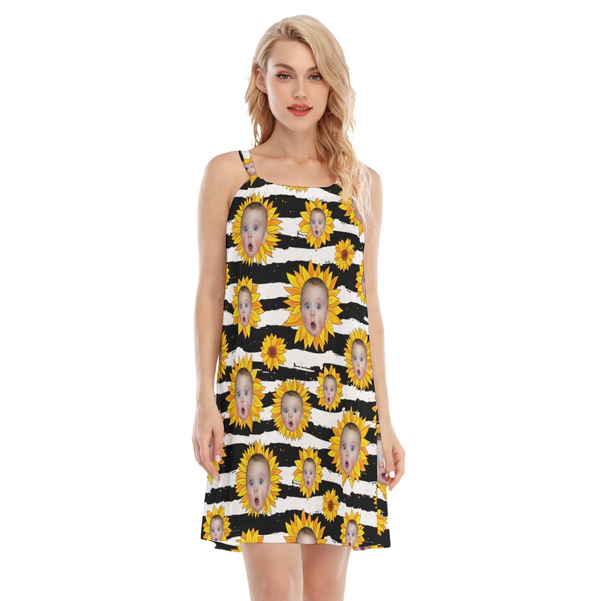 Custom Face With Sunflowers Hawaiian Cami Dress For Summer Party (1)