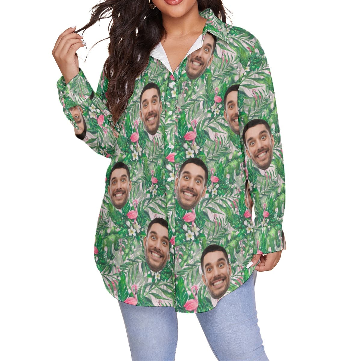 Custom Face Women’s Oversized Aloha Shirt With Flamingo (1)