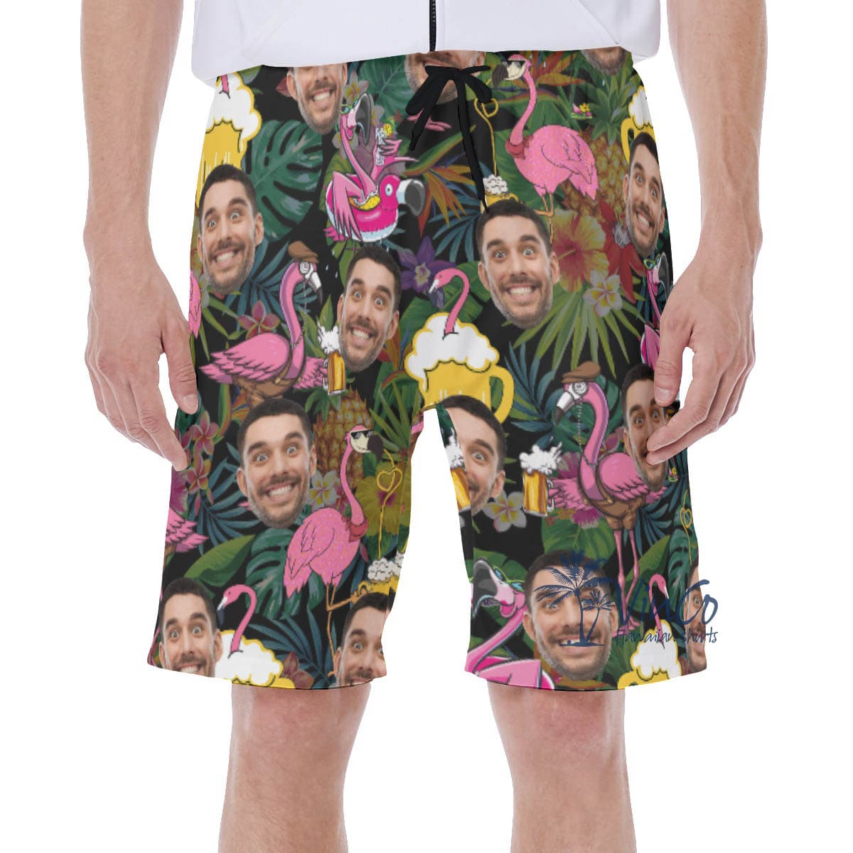 Custom Flamingo Beer Hawaiian Swim Trunks With Face