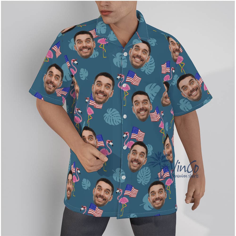 Custom Flamingo Patriotic Hawaiian Shirt With Faces For Men (1)