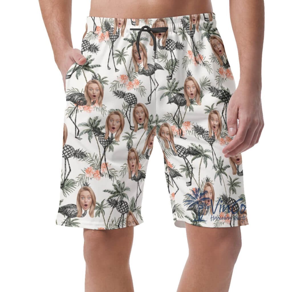 Custom Flamingo Pineapple Hawaiian Beach Shorts With Face