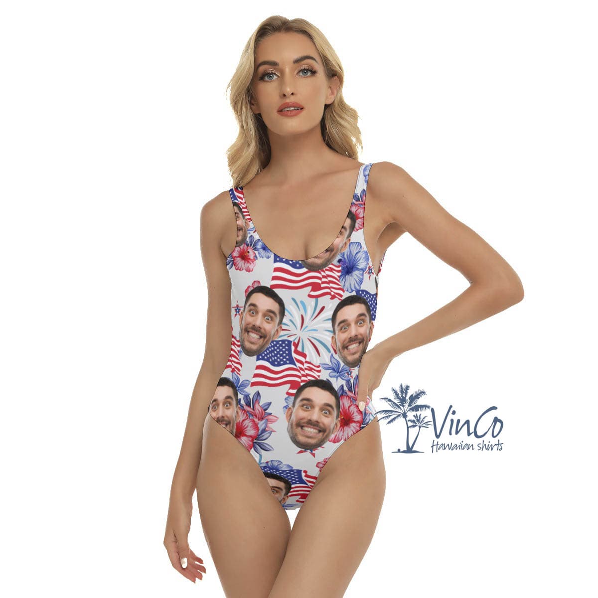 Custom Floral Patriotic Hawaiian Swimsuit With Face