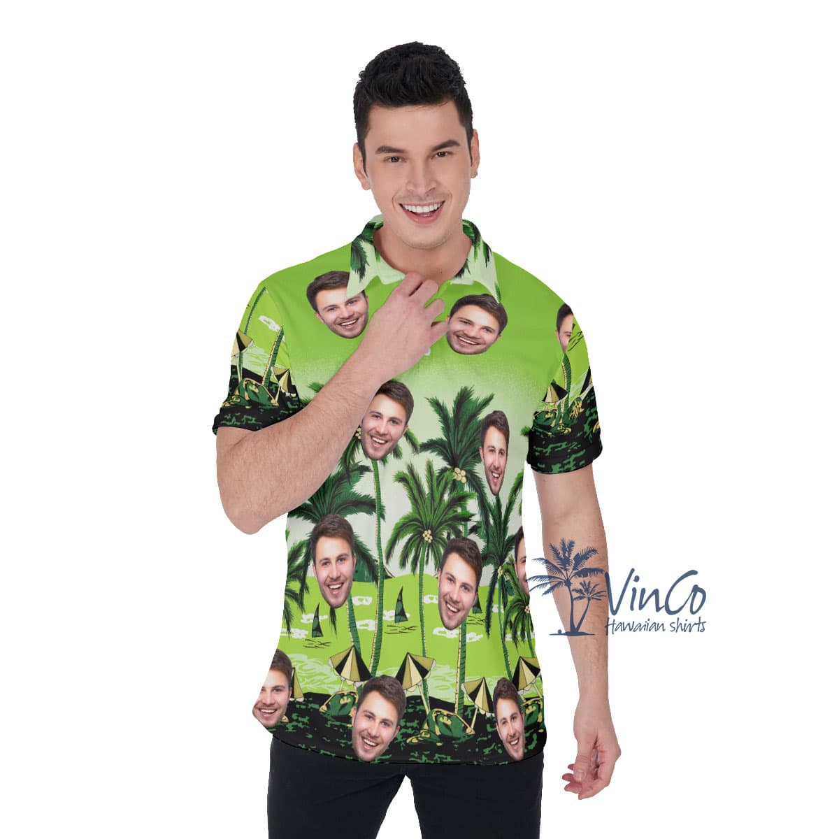 Custom Green Beach Hawaiian Polo Shirt With Multiple Faces (3)