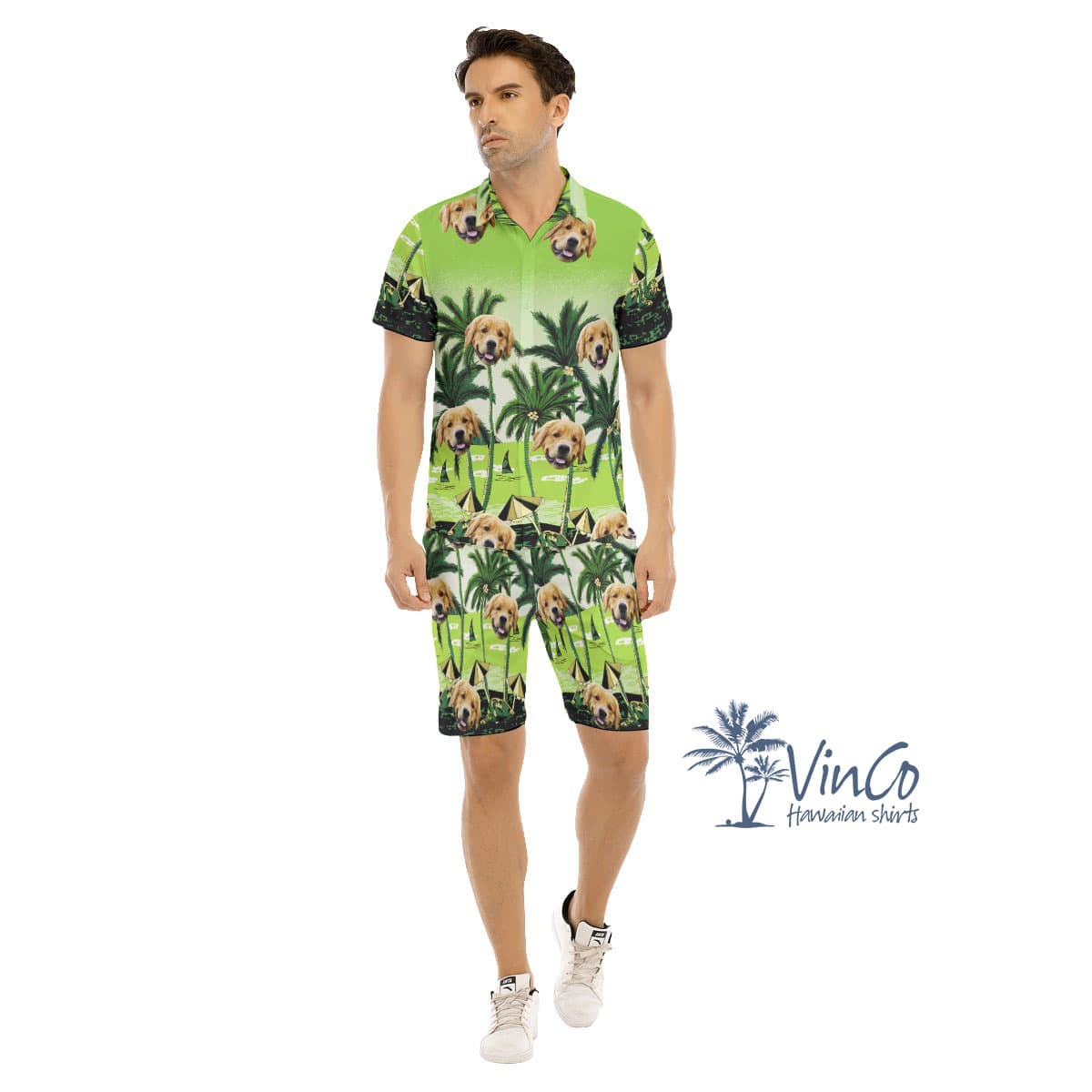 Custom Green Beach Men's Hawaiian Set With Dog Faces (4)